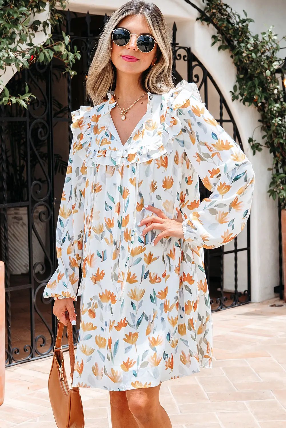Yellow Floral Print Tie Neck Frilled Long Sleeve Mini Dress Dear-Lover Dropshipping